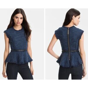 Rebecca Taylor Tweed Peplum Top Sleeveless Fringe Lamb Leather Blue Black Size 2